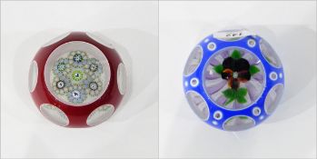 John Deacons white and blue cased glass cushion paperweight having purple and white canework spiral