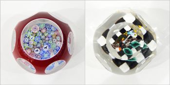 Cushion paperweight with red and white cased glass outer rim,