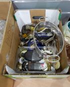 Quantity of collectables including hip flasks, flatware, vintage badges,
