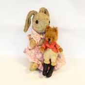 Merrythought blue dyed mohair plush bodied rabbit 27cm, a mohair model of a fox,