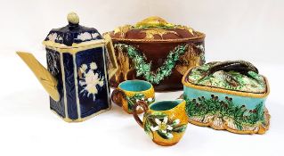 Majolica game pie dish (damaged), majolica teapot,
