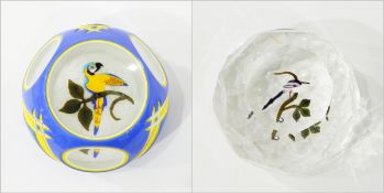 John Deacons blue, yellow and white cased glass cushion paperweight with faceted windows,