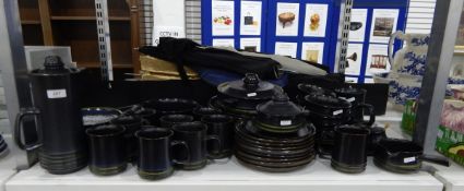 Good quantity of Denbyware including coffee jug, mugs, plates, casserole dish, soup bowls,