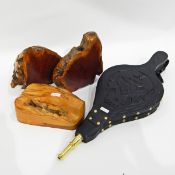 Various collectables including a pair of tree root bookends, letter writing equipment,