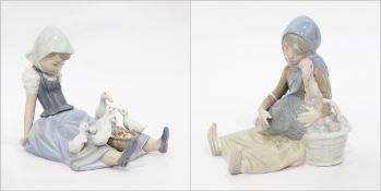 Porcelain figure of a seated girl with ducklings and another girl with turkey