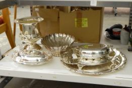 EPNS ice bucket of campana-shape, two EPNS oval entree dishes and covers,