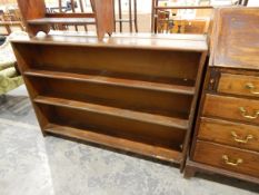Pair of stained wood three-tier open bookshelves and another smaller hanging bookshelf (3)