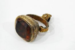 Early 19th century gilt metal fob seal with unengraved seal and floral decoration and a silver