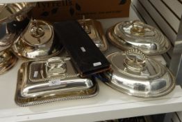 Five various EPNS entree dishes and covers,