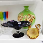 Large green cased glass bulbous vase with floral decoration made out of grasses, 31cm high,