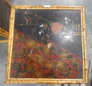 Victorian bamboo and lacquer display cabinet with raised bamboo gallery top,