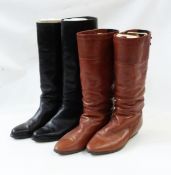 Pair of brown leather lady's slouch boots, a pair of black similar,