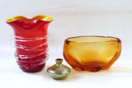 Large Art glass overlay vase having crimped rim, yellow with red overlay and white trail decoration,