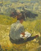 Unattributed, 20th century Acrylic on board Boy reading,