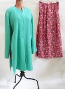 Jean Muir wool crepe green collarless duster coat, a Jean Muir silk skirt with elasticated waist,