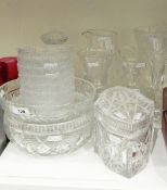 Set of seven cut glass finger bowls, two cut glass fruit bowls, a decanter,