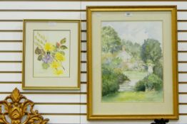 G E J Meek Watercolour drawing Cottage roof and window seen from a walled garden,