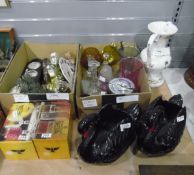 Pair of Devon Dartmouth black swan planters, a continental-style two-handled urn, various glassware,