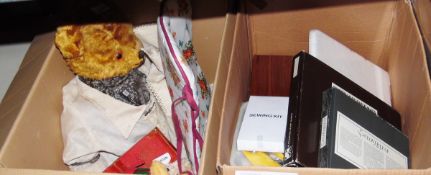 Assorted soft toys, sewing kits, table mats and a framed print after Terry Harrison, May's Bounty,