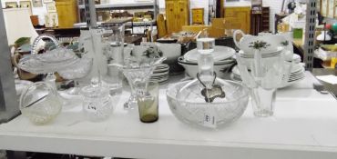 Assorted cut and moulded glass including fruit bowl, vases,