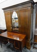 Edwardian mahogany and line inlaid wardrobe having flat moulded cornice, rhomboid inlaid frieze,