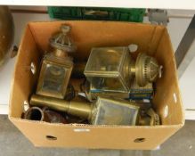 Pair of brass carriage lamps with glazed sides, another smaller example,