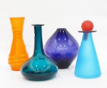 Assorted coloured art glass including a pale blue opalescent Murano glass decanter with a red ball