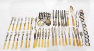 Victorian set of fish knives, forks and servers with silver plated blades and bone handles,