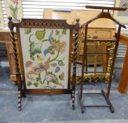Early 20th century oak-framed firescreen with woolwork embroidered panel and on spiral turned