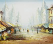 French School 20th century pair of oils on board continental street scenes signed indistinctly