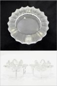 Pair of modern glass candlesticks and a Lalique dish with original box,