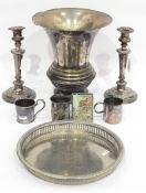 Pair of old Sheffield plate candlesticks, the circular bases with knopped stems,
