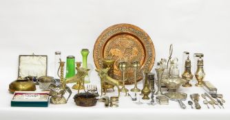 Three glass vases with silver collars, another china example,