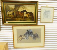 Pastel portrait of two whippets and a lurcher, Brin, Gypsy and Charley, signed indistinctly 1980,