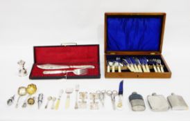 Set of six pairs of Victorian fish knives and forks with engraved blades, in fitted oak case,