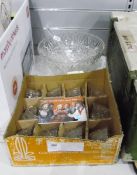 Moulded glass punchbowl and another with a boxed set of matching punch glasses