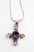 Modern silver-coloured pendant with central oval mixed cut amethyst surrounded by four square