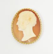 Signed shell cameo brooch, the oval cameo depicting the profile of a man,