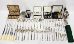 Victorian silver plated half-fluted teapot, a quantity of silver plated cutlery, a pewter mug,