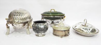 Victorian silver plated bacon dish of usual oval form with half-fluted swivel cover,