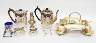 Silver plated and Royal Doulton afternoon tea stand comprising four Royal Doulton coffee cans and