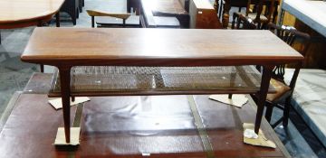 Teak two-tier coffee table, the under-tier with string/cane magazine shelf,