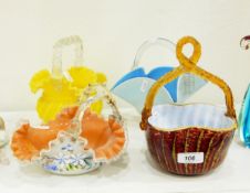 Victorian glass Stevens and Williams-style basket with crimped rim, coral interior,