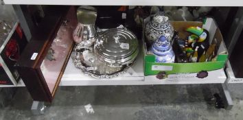 Assorted ceramics, models of toucans, silver plated serving dish with pyrex liner,