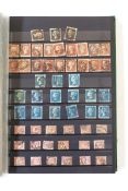 Green stock book and contents of GB stamps including 2 x 1d black line engraved, surface printed,