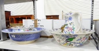 Booths ewer and basin, parrot and floral printed decoration on a cream ground (damaged), ewer,