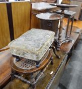 Cane seated oak stool with turned stretchers, an upholstered footstool,