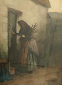 19th century school Watercolour drawing Lady gathering twigs outside cottage,