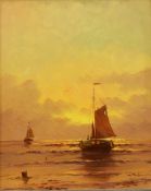 Oil on canvas Fishing boats in an evening sunset, initialled lower right 