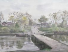Russian school Watercolour drawing Village scene with figures on a bridge, signed and dated 1973,